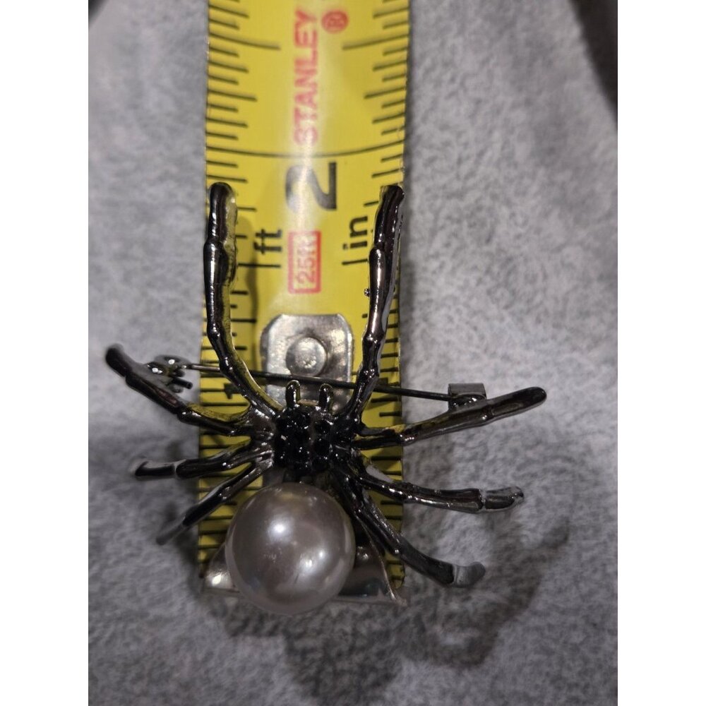 Gunmetal Spider Pendant Brooch Faux Silver Pearl Body & Black Rhinestone 2x1.75" - Picture 11 of 13